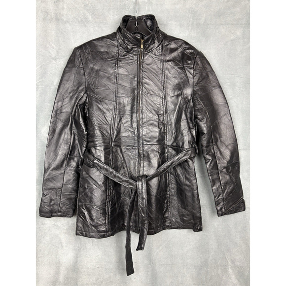Navarre Leather Company Patchwork Piecework Coat Jacket Womens L Black Belted - Picture 1 of 16